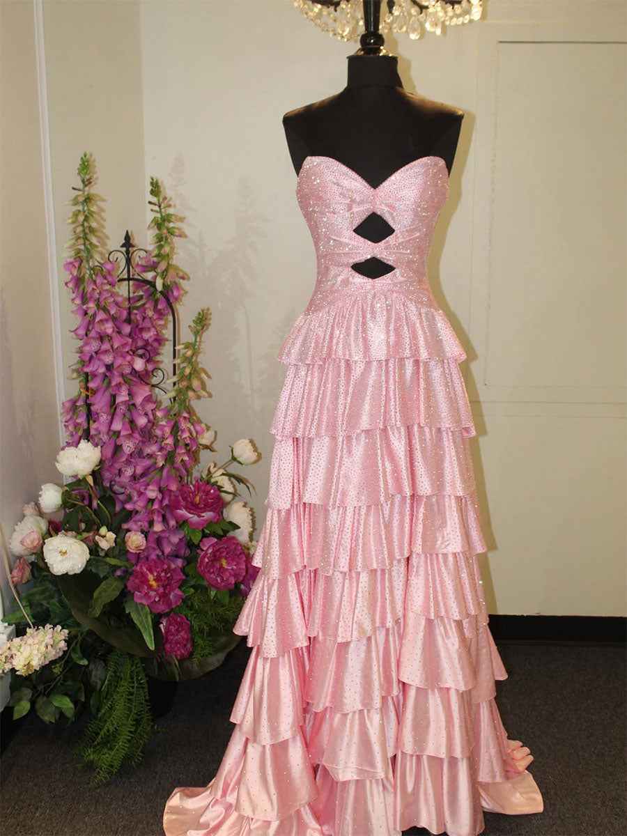 Pink Tiered A Line Strapless Sweetheart Satin Prom Dress With Keyhole