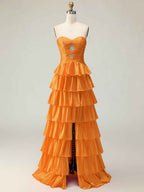 Pink Tiered A Line Strapless Sweetheart Satin Prom Dress With Keyhole