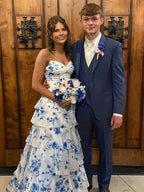 Floral Print A Line Strapless V Neck Long Prom Dress With Tiered Ruffles