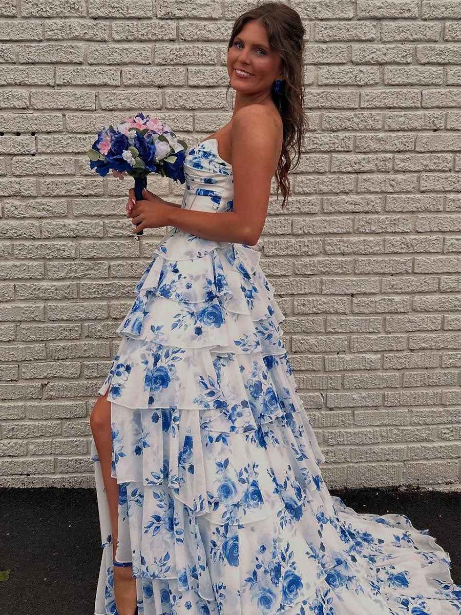 Floral Print A Line Strapless V Neck Long Prom Dress With Tiered Ruffles
