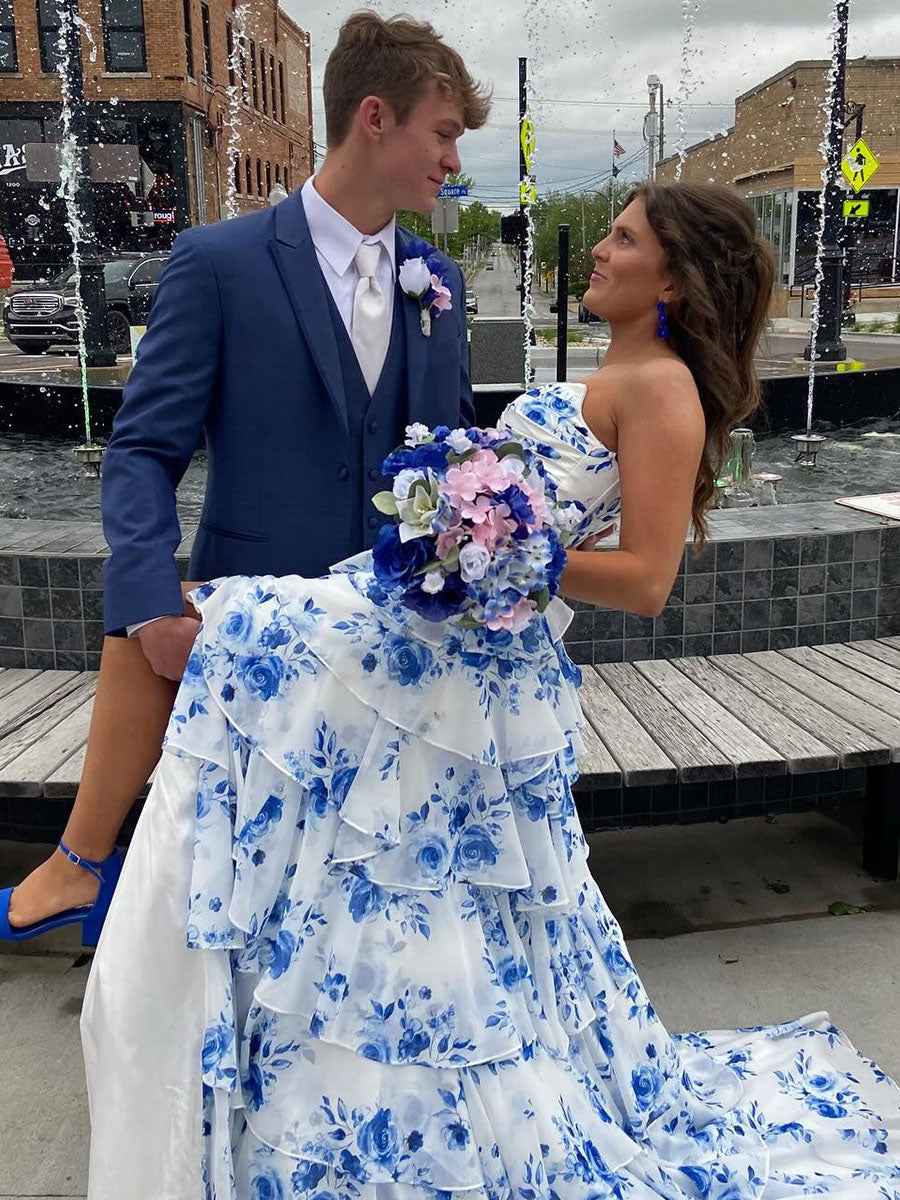 Floral Print A Line Strapless V Neck Long Prom Dress With Tiered Ruffles
