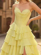 A-Line Pale Yellow Sweetheart Prom Dress With Cascading Ruffles