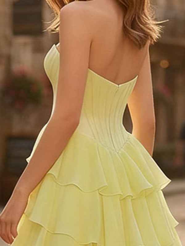 A-Line Pale Yellow Sweetheart Prom Dress With Cascading Ruffles