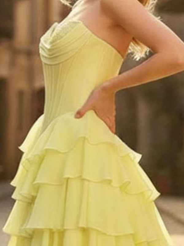 A-Line Pale Yellow Sweetheart Prom Dress With Cascading Ruffles