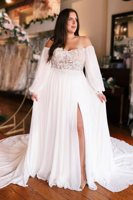 Robe de mariée en taffetas à manches longues, décolleté en cœur, fente avant, avec dentelle