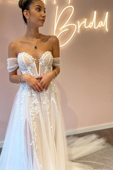 Robes de mariée longues en tulle, ligne A, décolleté cœur, épaules dénudées, avec applications