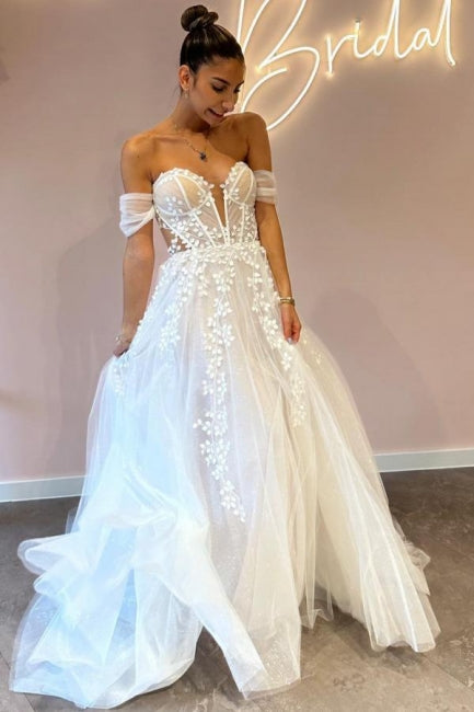 Robes de mariée longues en tulle, ligne A, décolleté cœur, épaules dénudées, avec applications