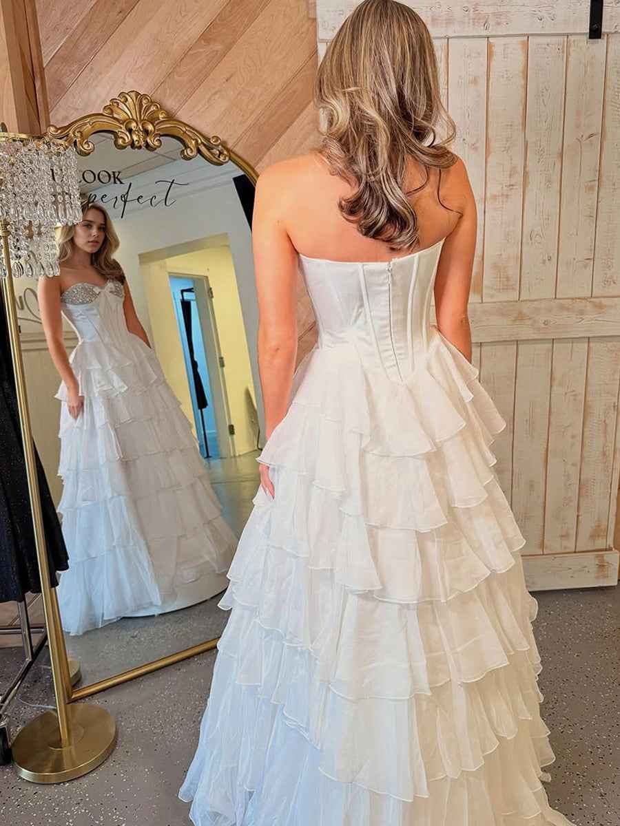 Strapless Sweetheart Beaded Tiered Chiffon Long Prom Gown