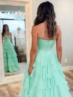Strapless Sweetheart Beaded Tiered Chiffon Long Prom Gown
