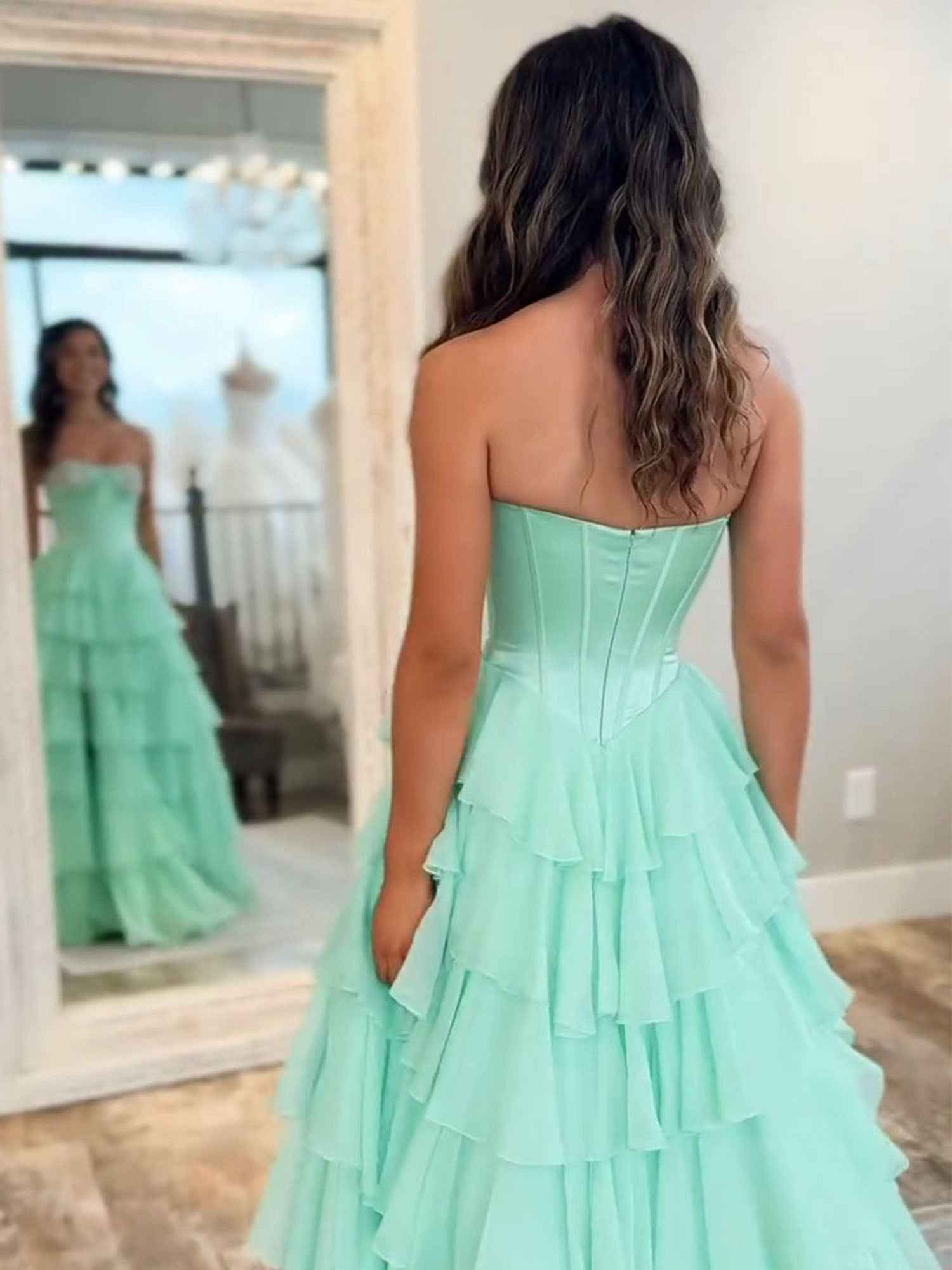 Strapless Sweetheart Beaded Tiered Chiffon Long Prom Gown