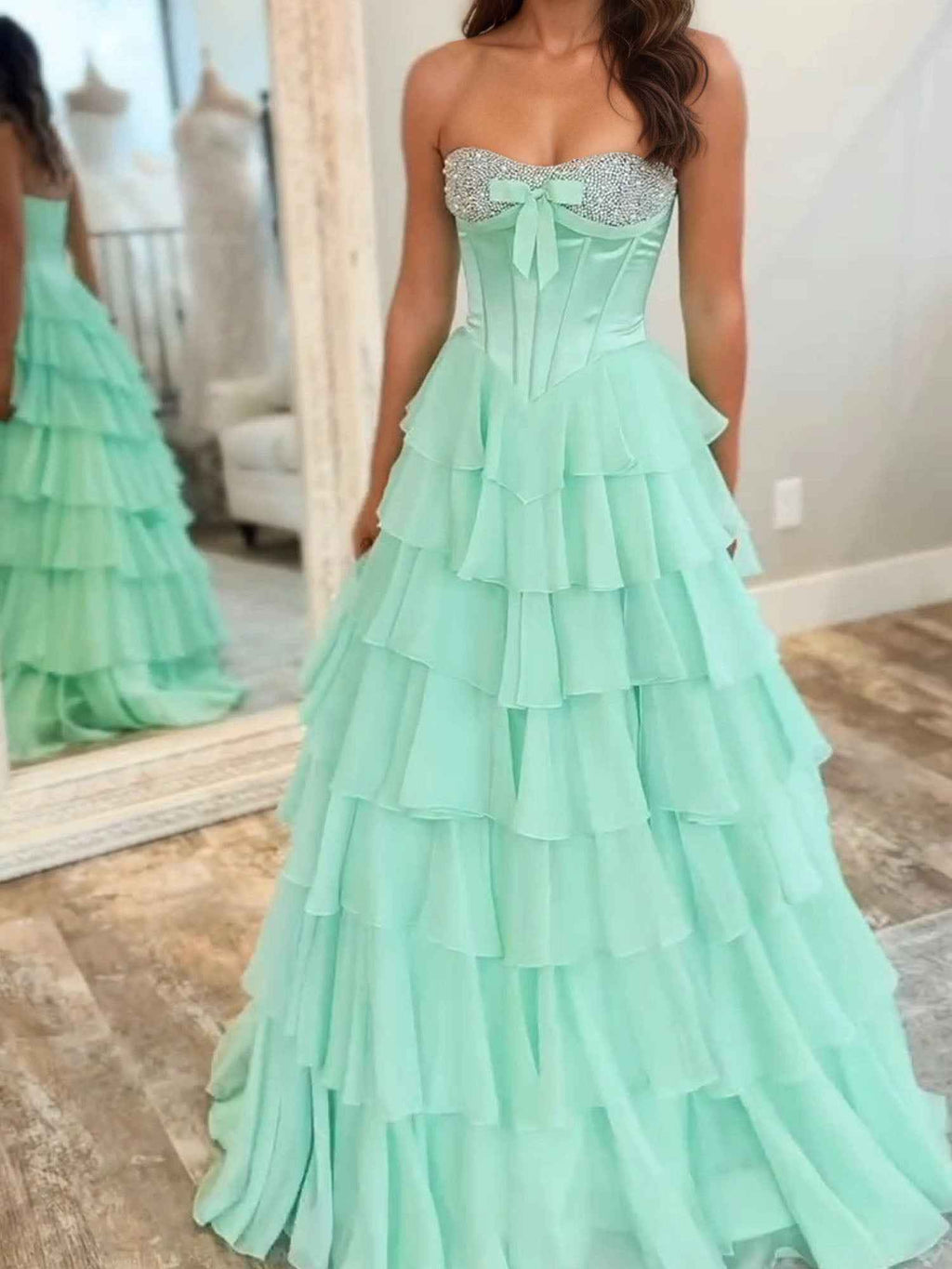 Strapless Sweetheart Beaded Tiered Chiffon Long Prom Gown