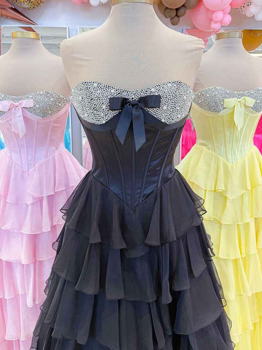 Strapless Sweetheart Beaded Tiered Chiffon Long Prom Gown
