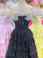 Strapless Sweetheart Beaded Tiered Chiffon Long Prom Gown