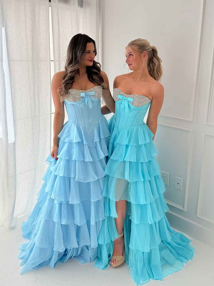 Strapless Sweetheart Beaded Tiered Chiffon Long Prom Gown
