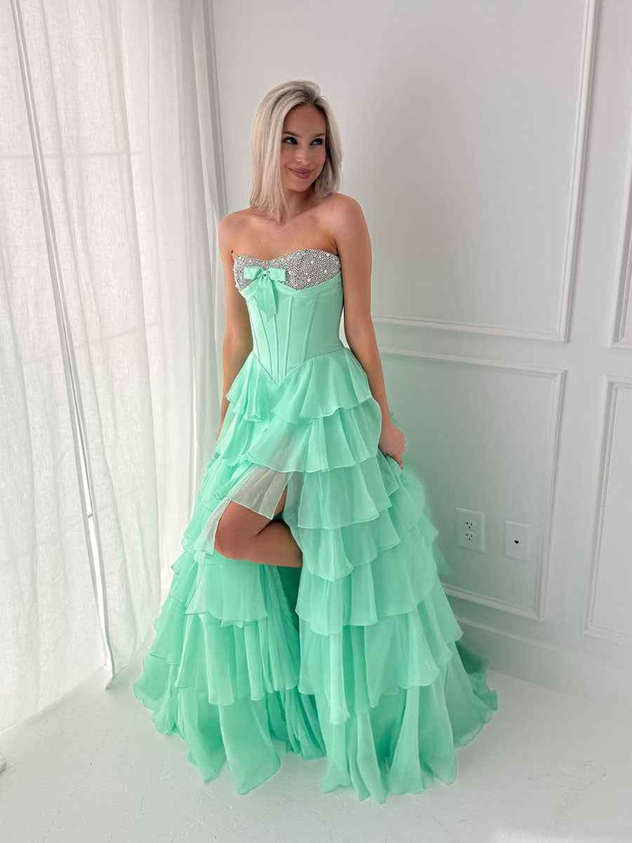Strapless Sweetheart Beaded Tiered Chiffon Long Prom Gown