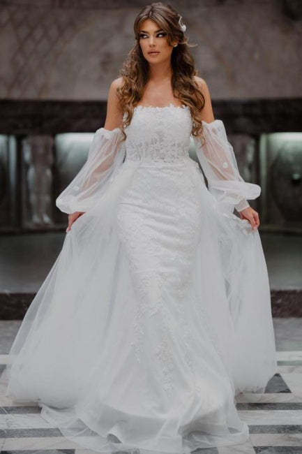 Vestidos de novia de tul, corte sirena, sin tirantes, hasta el suelo, con encaje