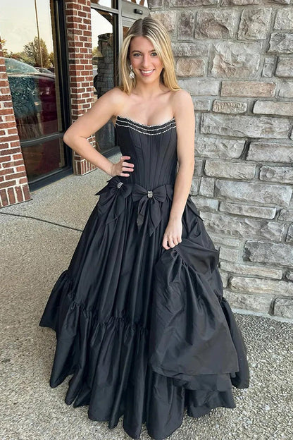 A-Line Beaded Strapless Corset Black Prom Dress with Bows
