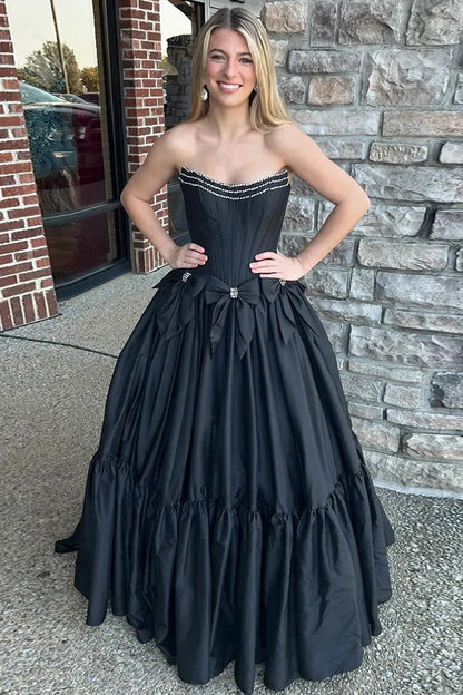 A-Line Beaded Strapless Corset Black Prom Dress with Bows