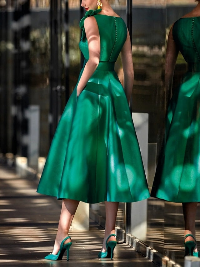 A-Line/Princess V Neck Sleeveless Tea-Length Mother of the Bride Dresses with Belt Ruffles Applique