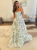 A Line Floral Sweetheart Rhinestone Trim Prom Dress With Corset Bodice