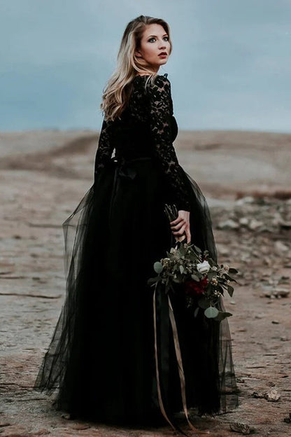 A-Line Lace Appliqued Black Wedding Dress Boho Bridal Gown
