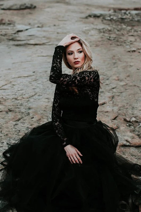 A-Linie Spitze appliziert schwarz Brautkleid Boho Brautkleid