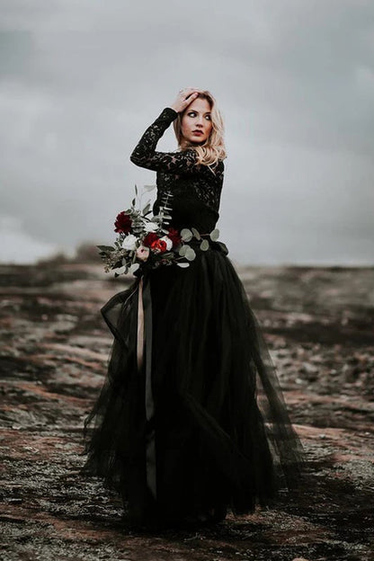 A-Line Lace Appliqued Black Wedding Dress Boho Bridal Gown