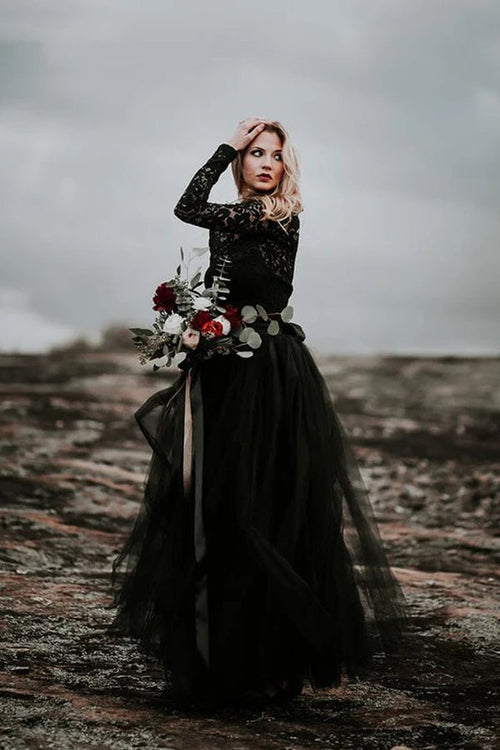 Abito da sposa nero a linea ad A con applicazioni di pizzo, vestito nuziale bohemien