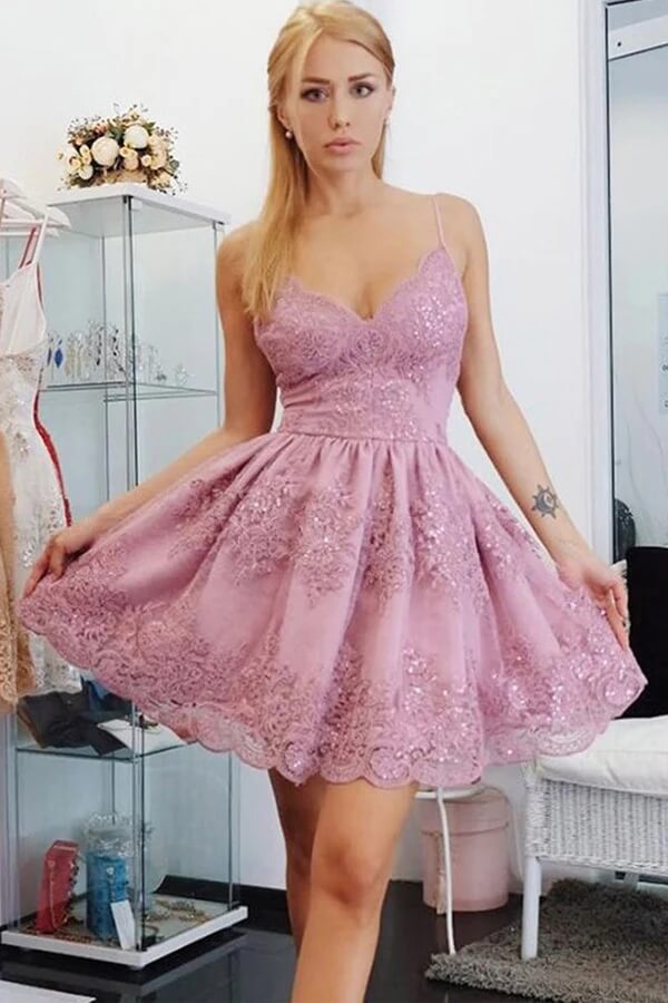 A-Line Lace Spaghetti Straps Short Homecoming Dresses, Graduation Dress, MH569