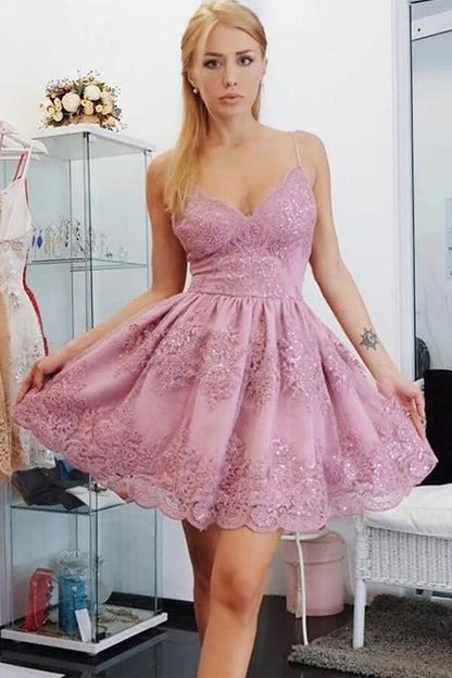 A-Line Lace Spaghetti Straps Short Homecoming Dresses, Graduation Dress, MH569