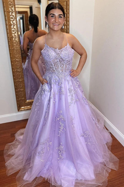 Vestido de noche de fiesta con apliques de tul lavanda, corte A y espalda con cordones