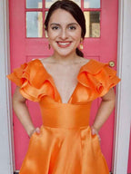 Hot Pink Satin Off Shoulder V Neck Ruffle A Line Long Prom Dress Slit