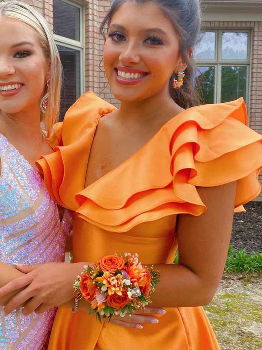 Hot Pink Satin Off Shoulder V Neck Ruffle A Line Long Prom Dress Slit