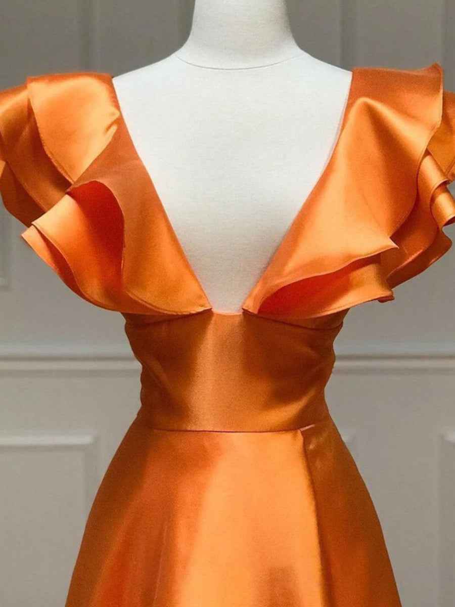 Hot Pink Satin Off Shoulder V Neck Ruffle A Line Long Prom Dress Slit