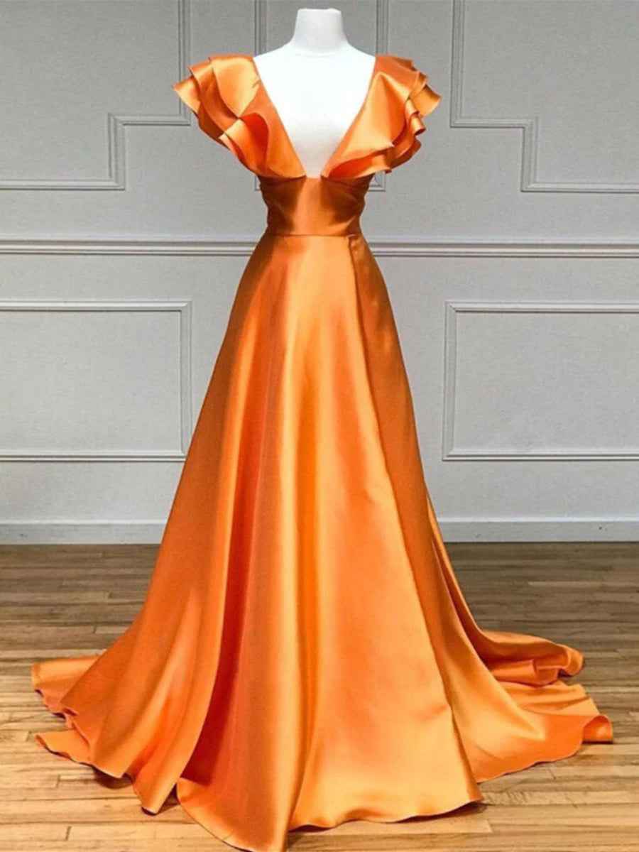 Hot Pink Satin Off Shoulder V Neck Ruffle A Line Long Prom Dress Slit