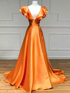 Hot Pink Satin Off Shoulder V Neck Ruffle A Line Long Prom Dress Slit