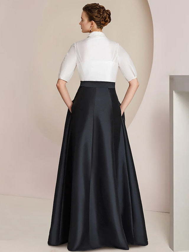 A Line Floor Length Mother Of The Bride Dress Bowknot Shirt Collar Short Sleeves