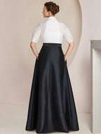 A Line Floor Length Mother Of The Bride Dress Bowknot Shirt Collar Short Sleeves