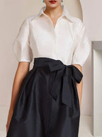 A Line Floor Length Mother Of The Bride Dress Bowknot Shirt Collar Short Sleeves