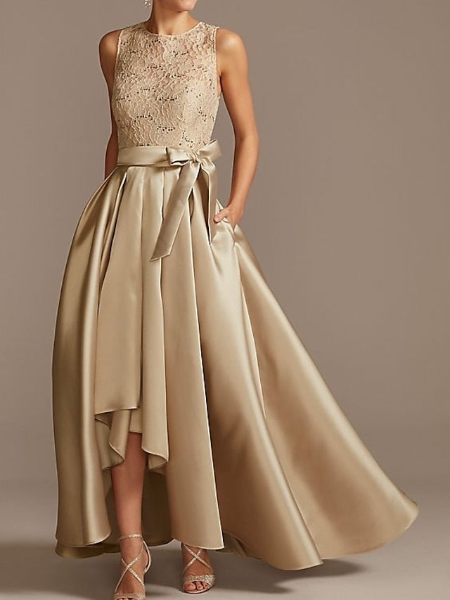 Vestidos de madre de la novia de corte A/princesa, sin mangas, con escote joya y encaje plisado 
