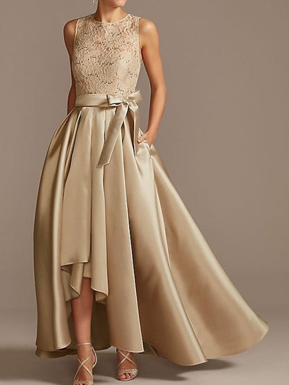Vestidos de madre de la novia de corte A/princesa, sin mangas, con escote joya y encaje plisado 