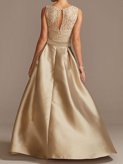 Vestidos de madre de la novia de corte A/princesa, sin mangas, con escote joya y encaje plisado 