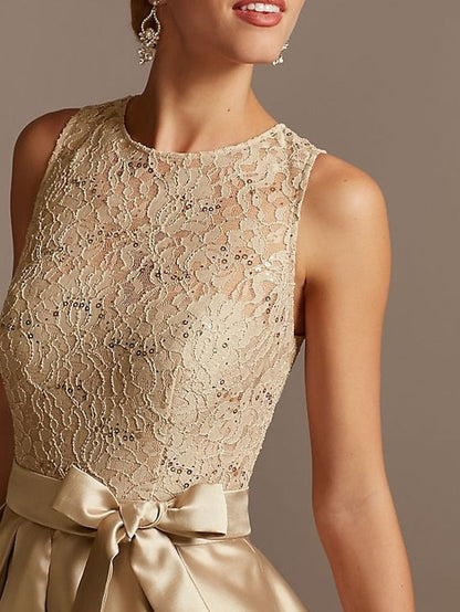 Vestidos de madre de la novia de corte A/princesa, sin mangas, con escote joya y encaje plisado 