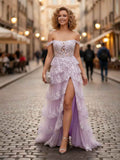 Lavender A Line Off The Shoulder Prom Dress With Lace Appliques And Corset Slit