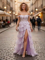 Lavender A Line Off The Shoulder Prom Dress With Lace Appliques And Corset Slit