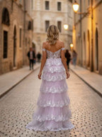 Lavender A Line Off The Shoulder Prom Dress With Lace Appliques And Corset Slit