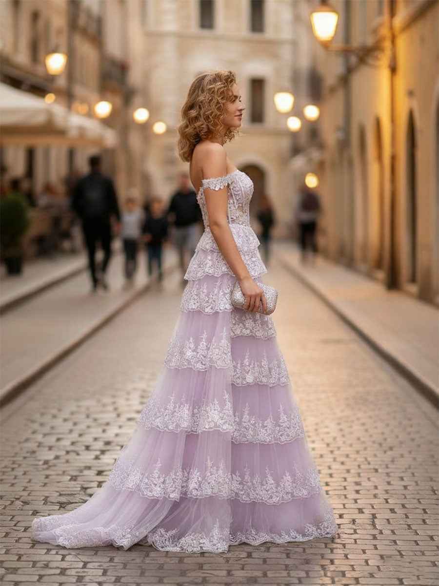 Lavender A Line Off The Shoulder Prom Dress With Lace Appliques And Corset Slit