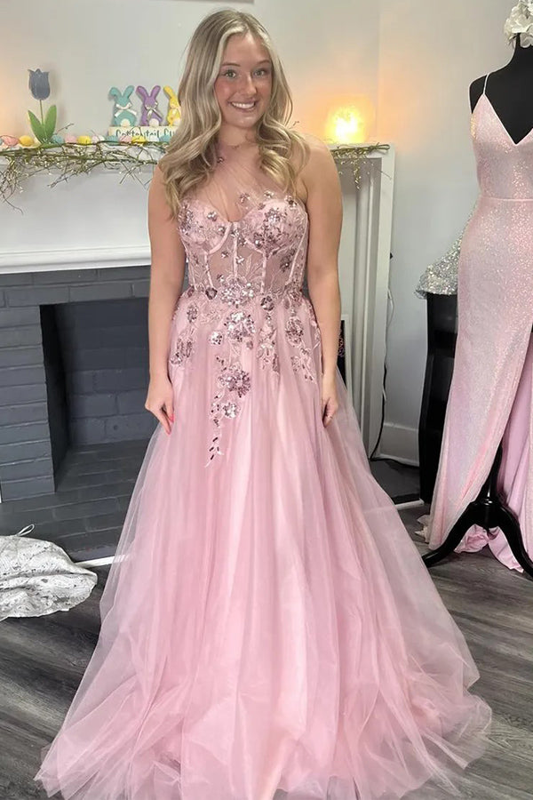 Vestido de fiesta largo de tul rosa con apliques y un hombro en forma de A