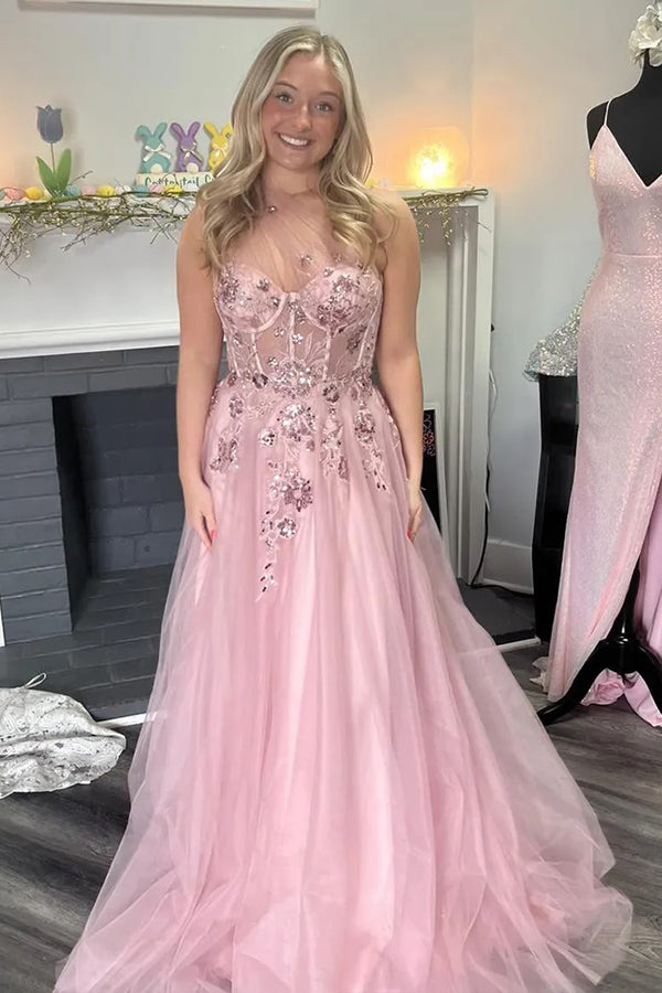 Abito lungo da cerimonia rosa in tulle con applicazioni e spalla unica a linea ad A
