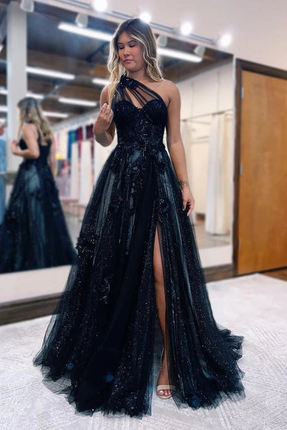 Vestido de fiesta largo negro de corte A con un solo hombro y apliques 3D